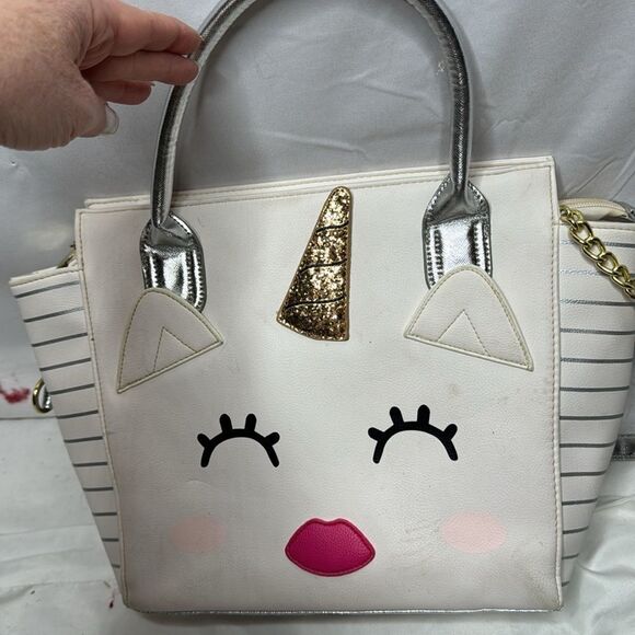 Betsy Johnson Unicorn 2-Way Satchel White/Silver Metallic Shoulder Bag. - Picture 2 of 14